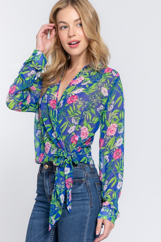 SURPLICE FLORAL PRINT CHIFFON BLOUSE