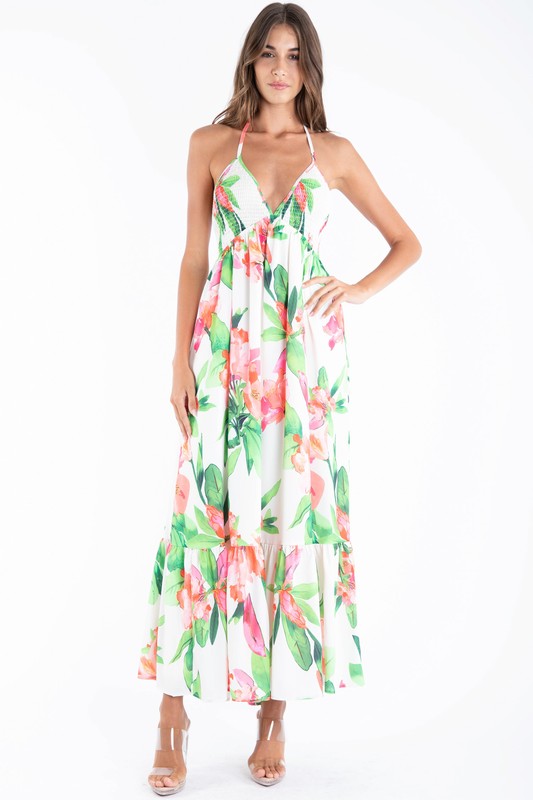 FLOWER PRINT HALTER NECK OPEN BACK TIE MIDI DRESS