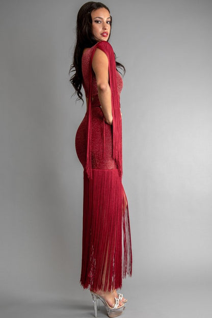 GLITTER KNIT ONE SHOULDER CUT OUT FRINGE DRESS