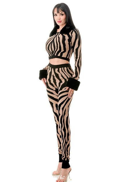 Zebra Print Top and Pants 2 Piece Knit Set