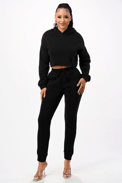 Solid Drop Shoulder Crop Hoodie Sweat Set