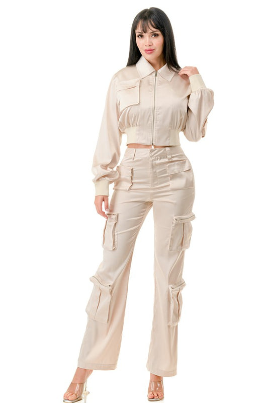 Rib Band Detailed Jacket and Cargo Pants Satin Set