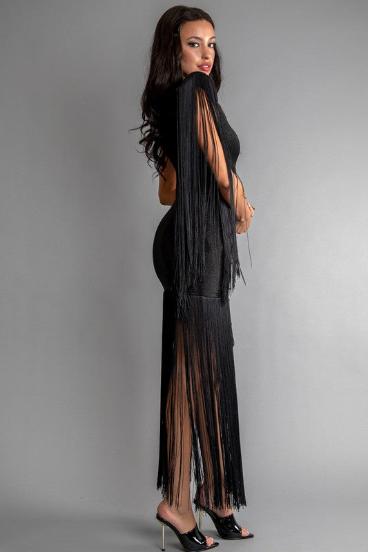 GLITTER KNIT ONE SHOULDER CUT OUT FRINGE DRESS