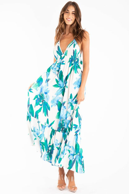 FLOWER PRINT HALTER NECK OPEN BACK TIE MIDI DRESS