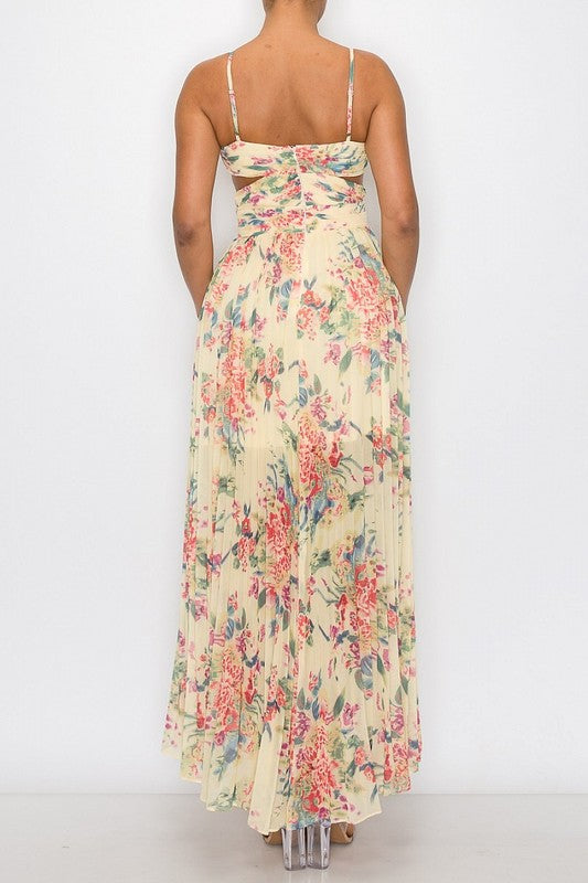 FLORAL PRINT SLEEVELESS PLEATED MAXI DRESSES