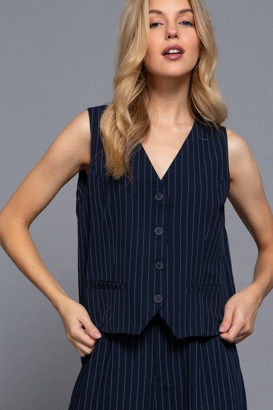 V-NECKLINE PIN STRIPE WOVEN VEST AND STRAIGHT PANTS SET