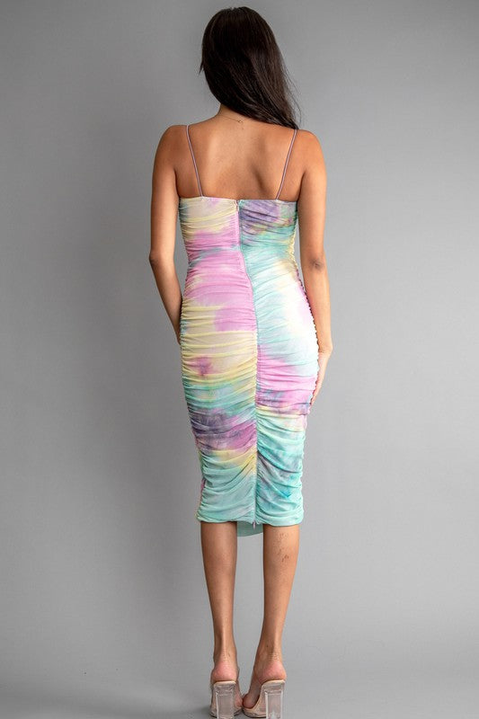 WOMENS TIE DYE MESH SIDE RUCHED SPAGHETTI STRAP DRESS