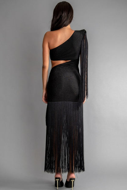 GLITTER KNIT ONE SHOULDER CUT OUT FRINGE DRESS