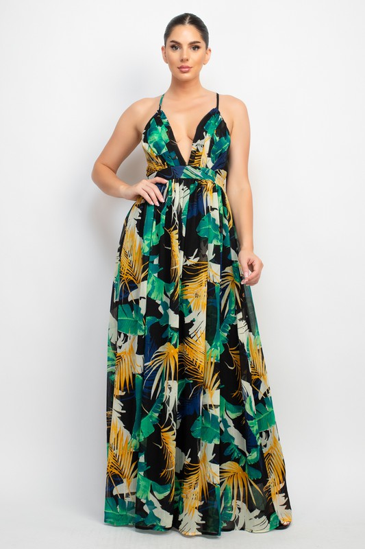 Low Cut Back Maxi Floral Dress