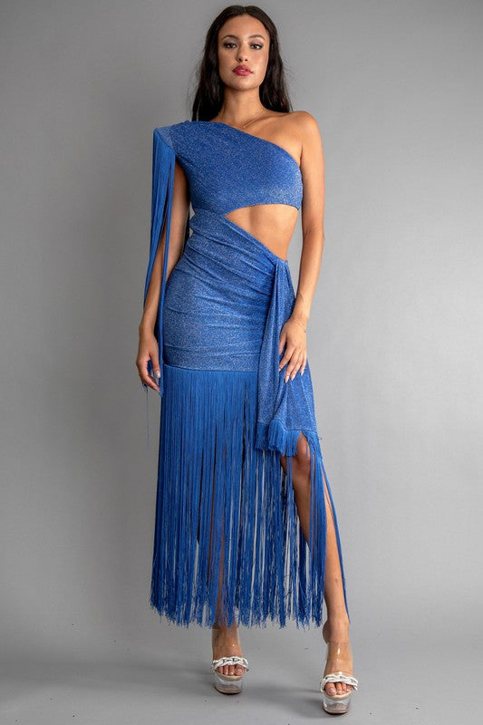 GLITTER KNIT ONE SHOULDER CUT OUT FRINGE DRESS