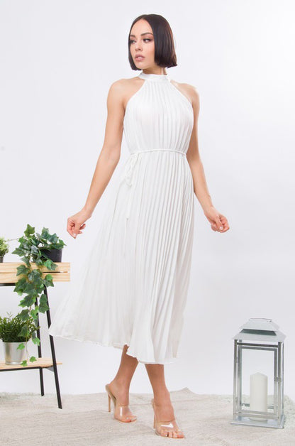 SOLID PLEATED WAIST BELT MOCK NECK MIDI DRESS