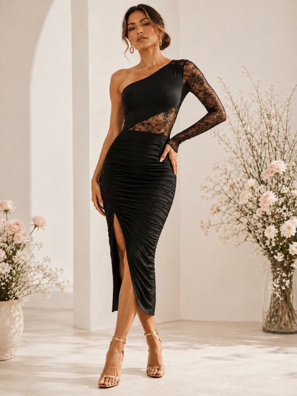ONE SHOULDER LACE RUCHED MIDI DRESS