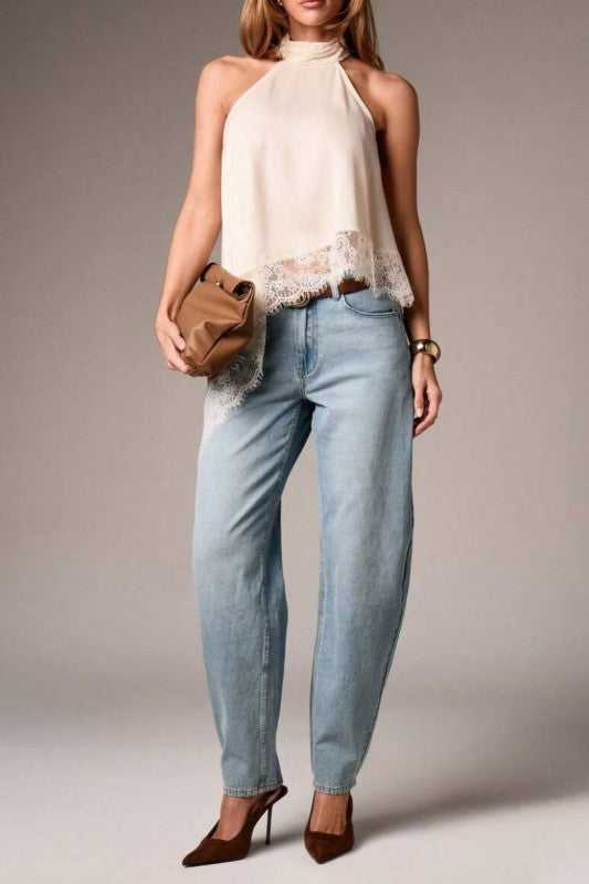 SATIN LACE TRIM ASYMMETRIC TOP
