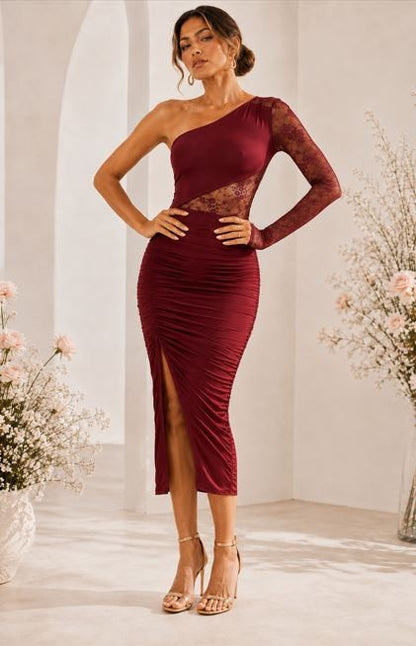 ONE SHOULDER LACE RUCHED MIDI DRESS