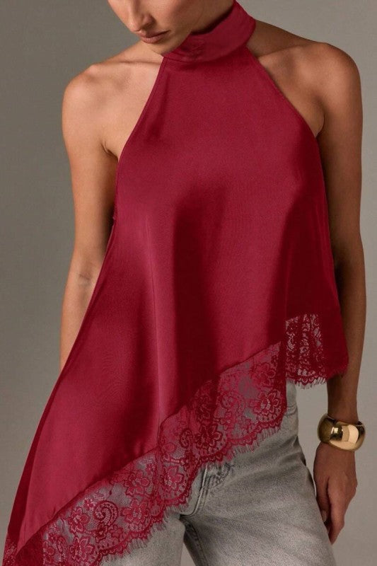 SATIN LACE TRIM ASYMMETRIC TOP
