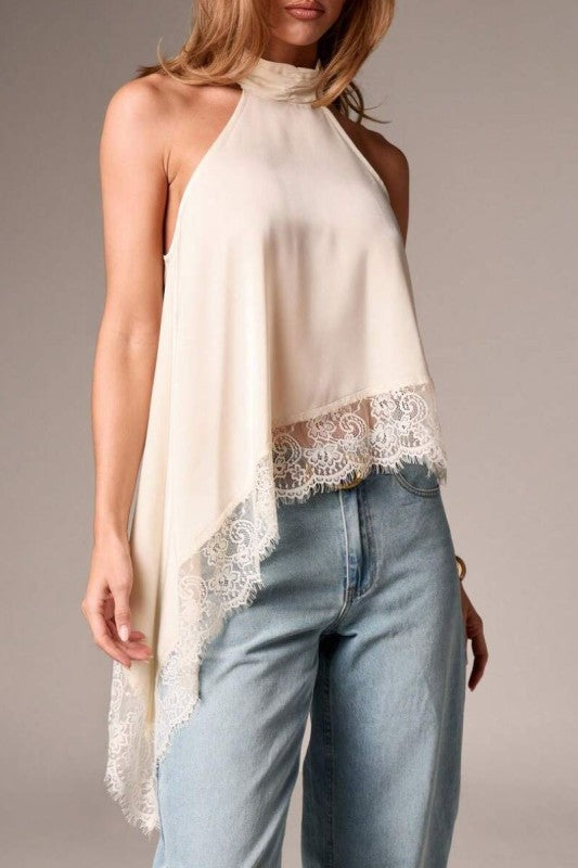 SATIN LACE TRIM ASYMMETRIC TOP