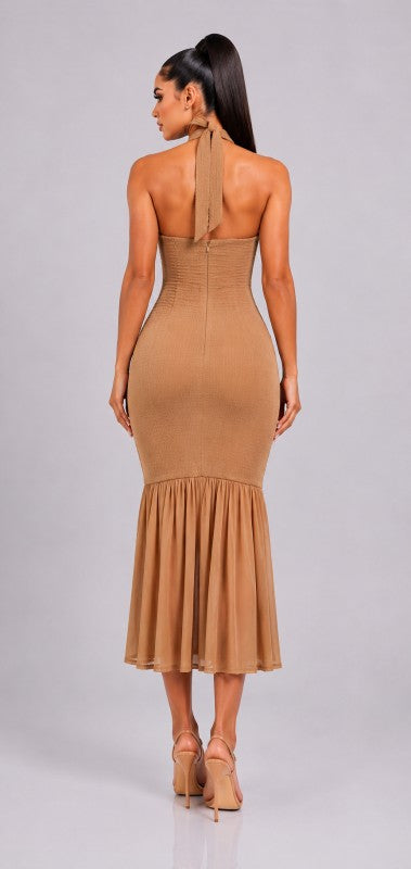 RUCHED HALTER MERMAID MIDI DRESS