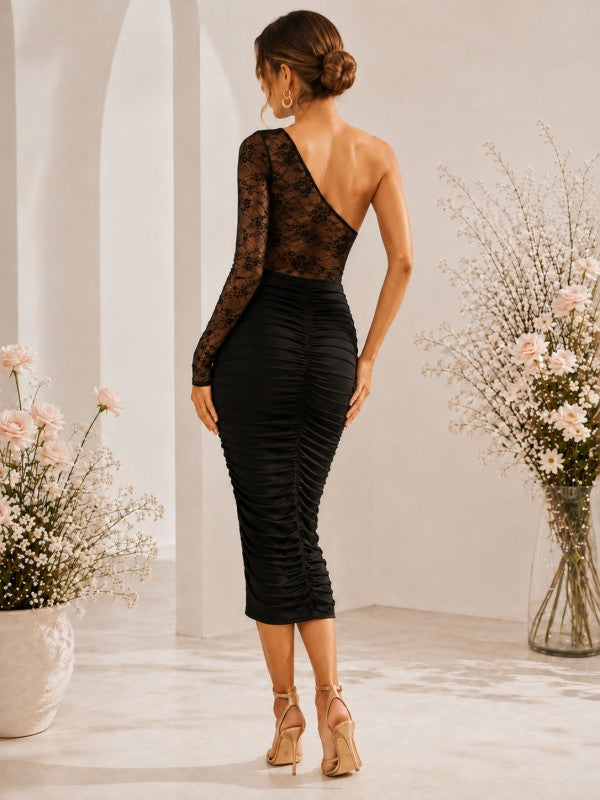ONE SHOULDER LACE RUCHED MIDI DRESS