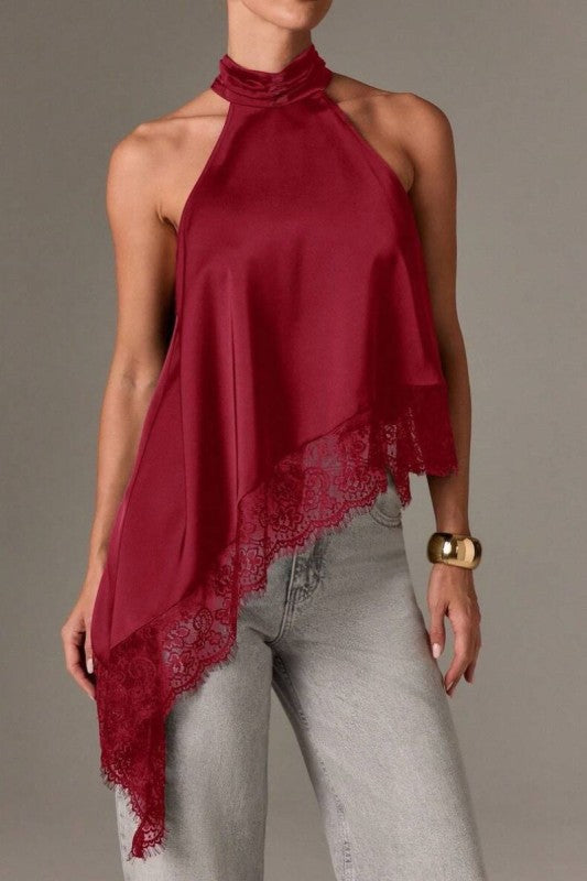 SATIN LACE TRIM ASYMMETRIC TOP