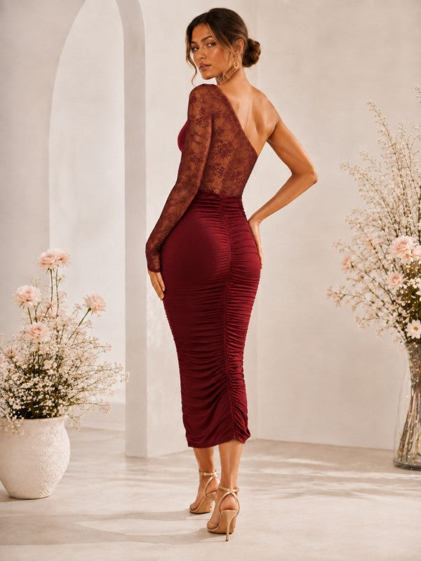 ONE SHOULDER LACE RUCHED MIDI DRESS