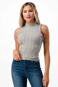 HIGH NECK RUFFLE SLEEVE KNIT TOP