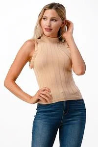 HIGH NECK RUFFLE SLEEVE KNIT TOP